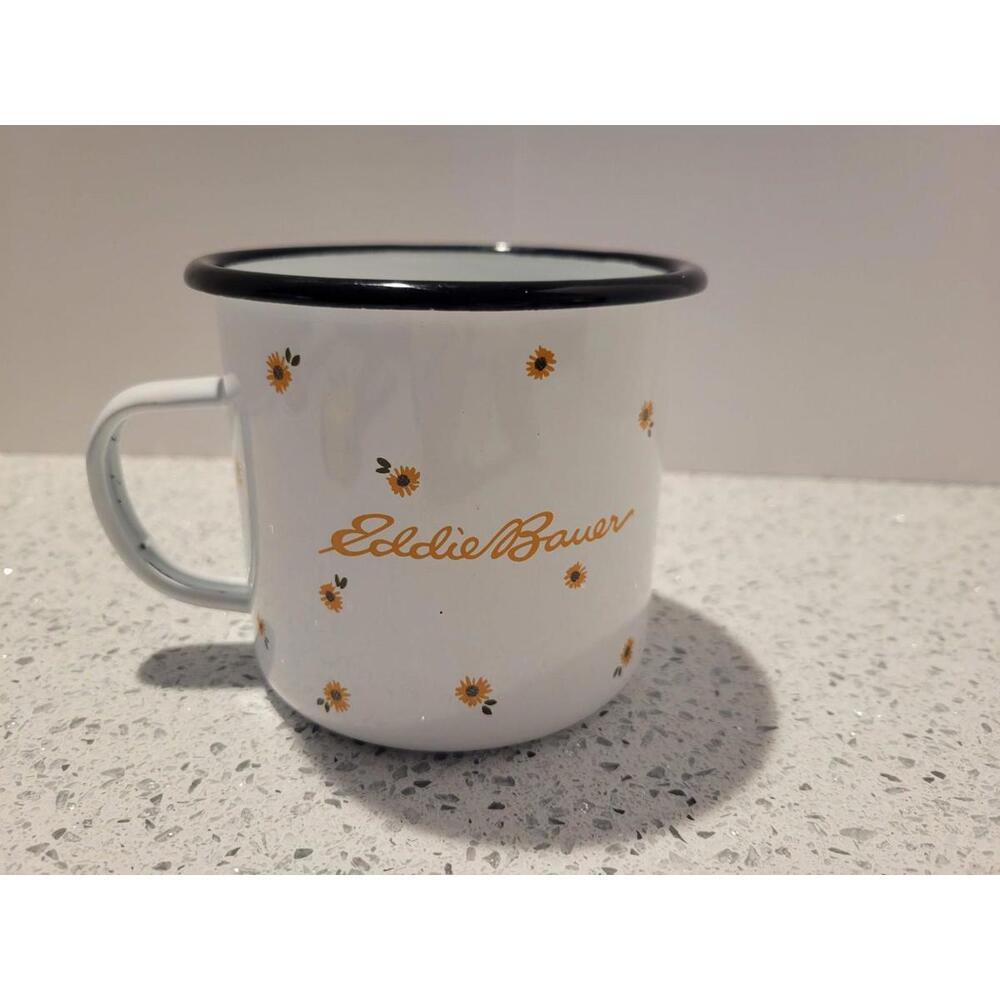 Eddie Bauer Enamel Coffee Mug 24oz White Floral Daisy Sunflower Camp Cup
